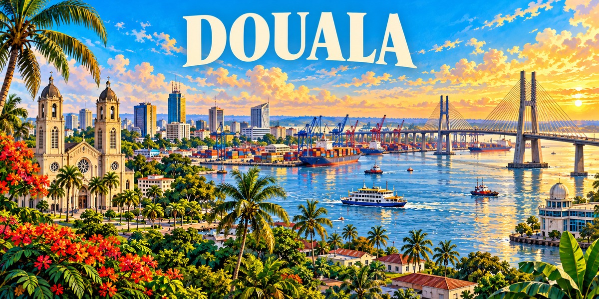 Affiche illustrée de Douala : la cathédrale, les tours du centre, le Wouri, les grues du port et le pont à haubans