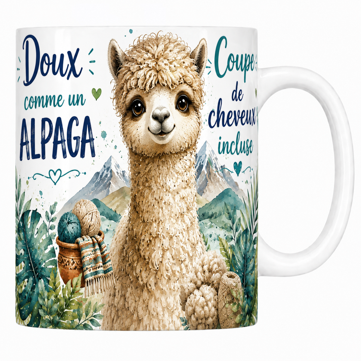 Mug céramique blanc « Doux comme un alpaga », alpaga à la frange bouclée à l'aquarelle
