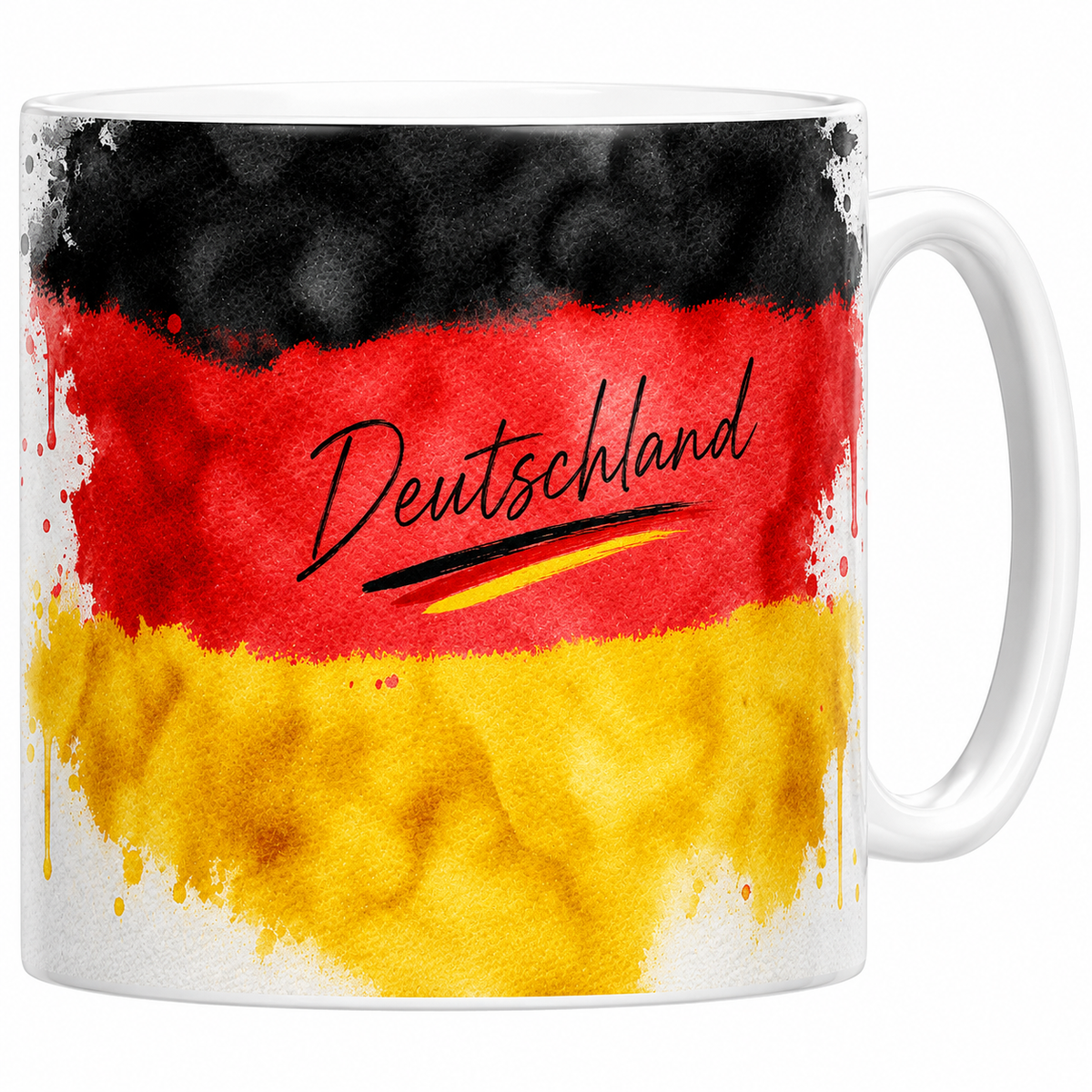 Mug céramique blanc drapeau allemand en aquarelle : noir rouge or, signé Deutschland en calligraphie