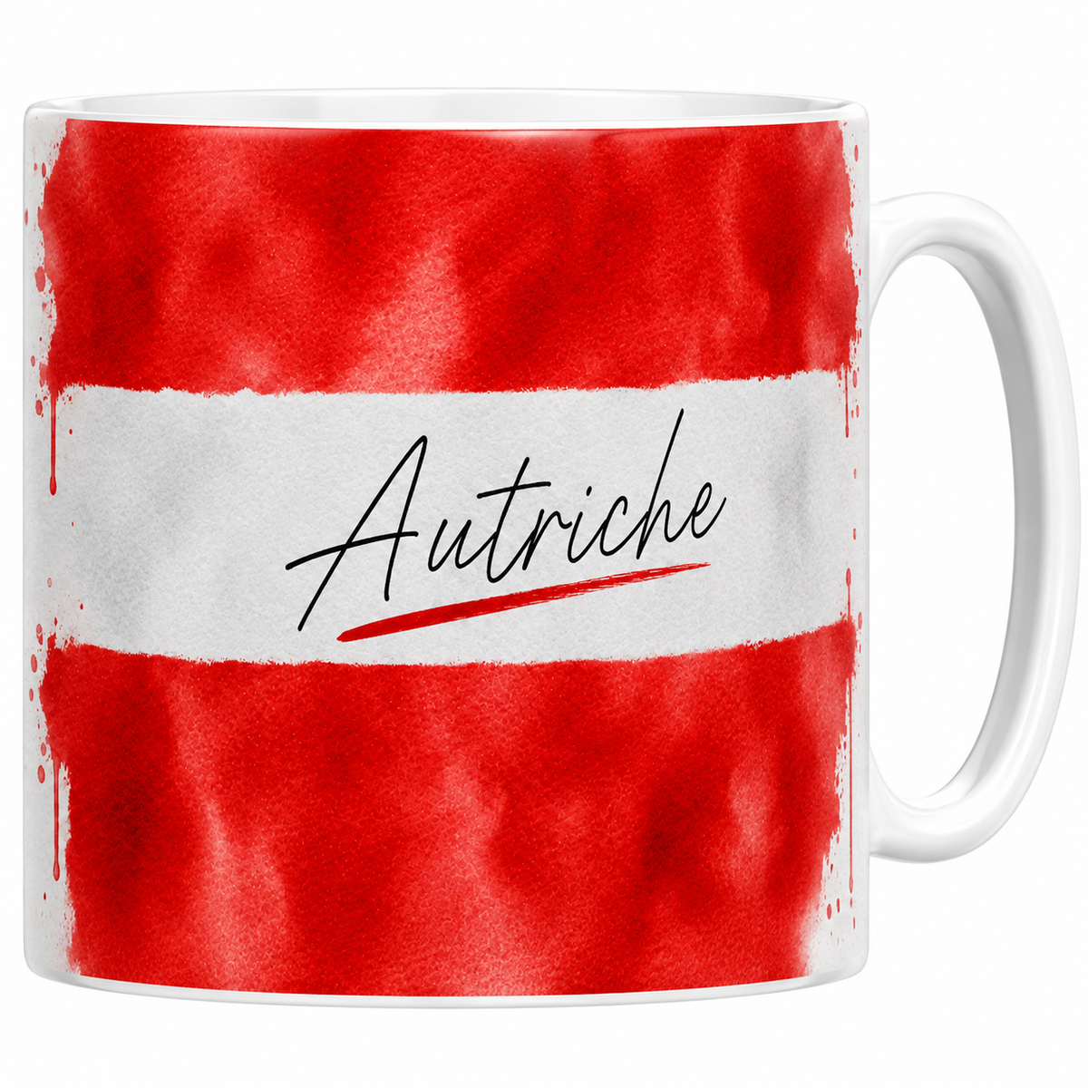 Mug céramique blanc drapeau autrichien en aquarelle : rouge blanc rouge, signature calligraphiée