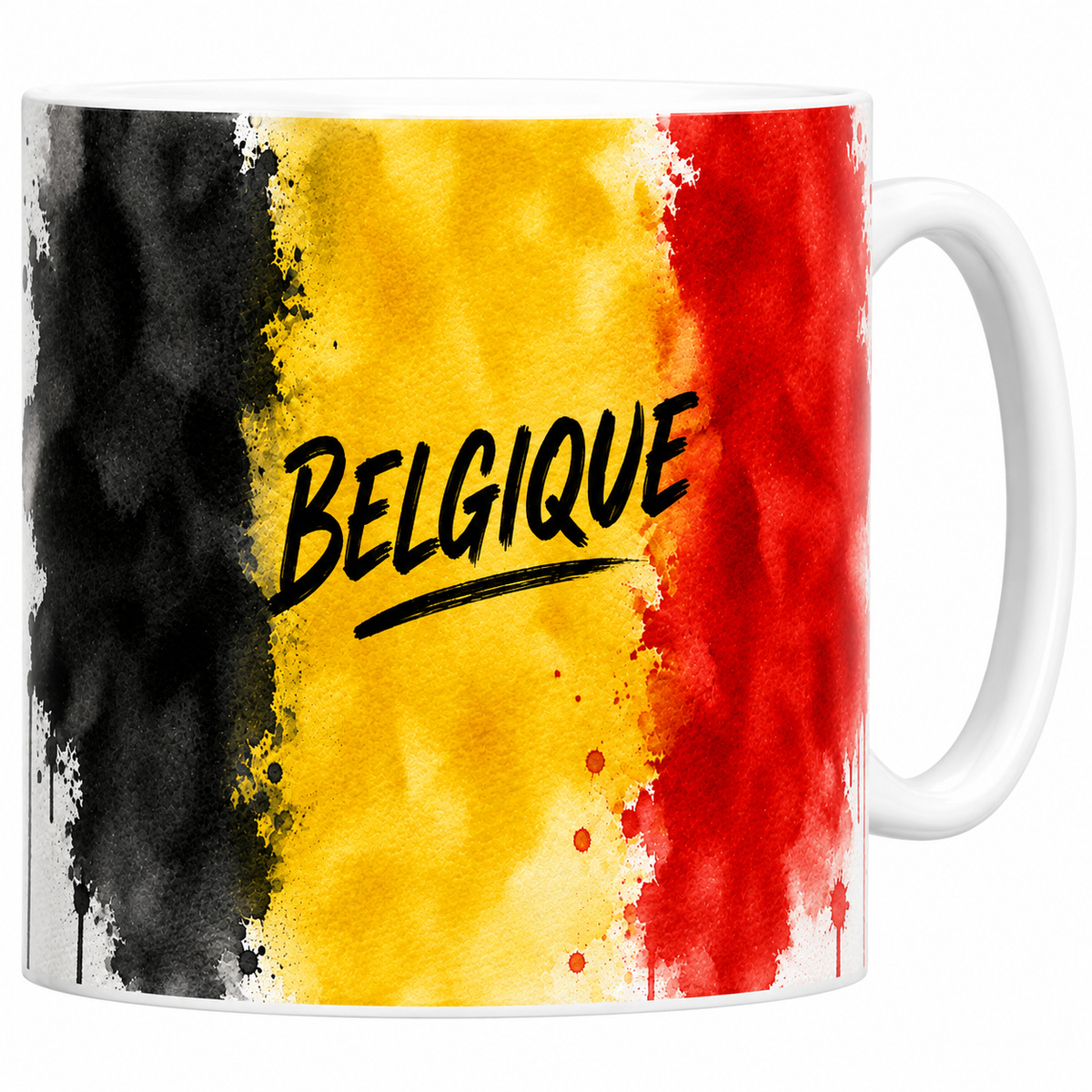Mug céramique blanc drapeau belge : aquarelle noir jaune rouge et texte Belgique en lettres brossées
