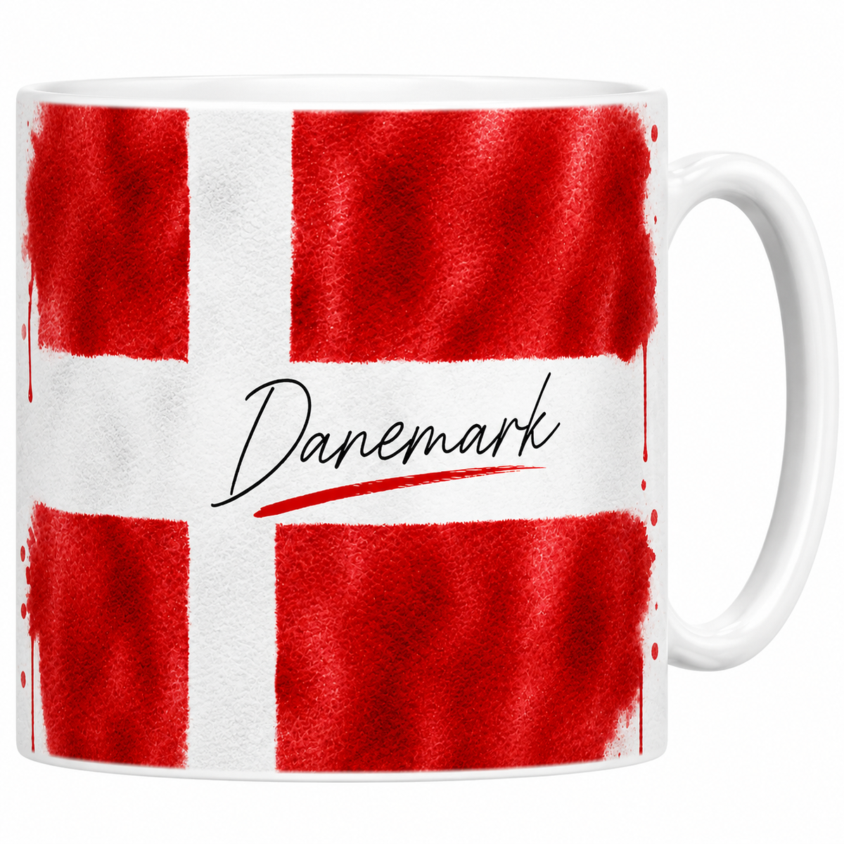 Mug céramique blanc drapeau danois Dannebrog en aquarelle : croix blanche sur rouge