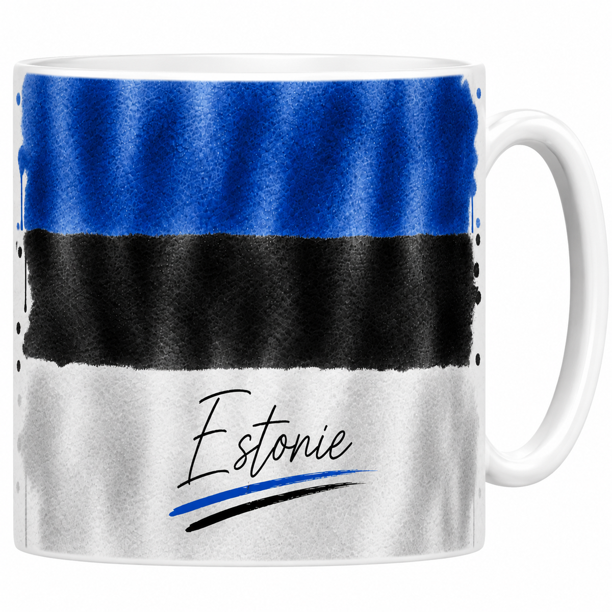 Mug céramique blanc drapeau estonien en aquarelle : bleu noir blanc, signature calligraphiée