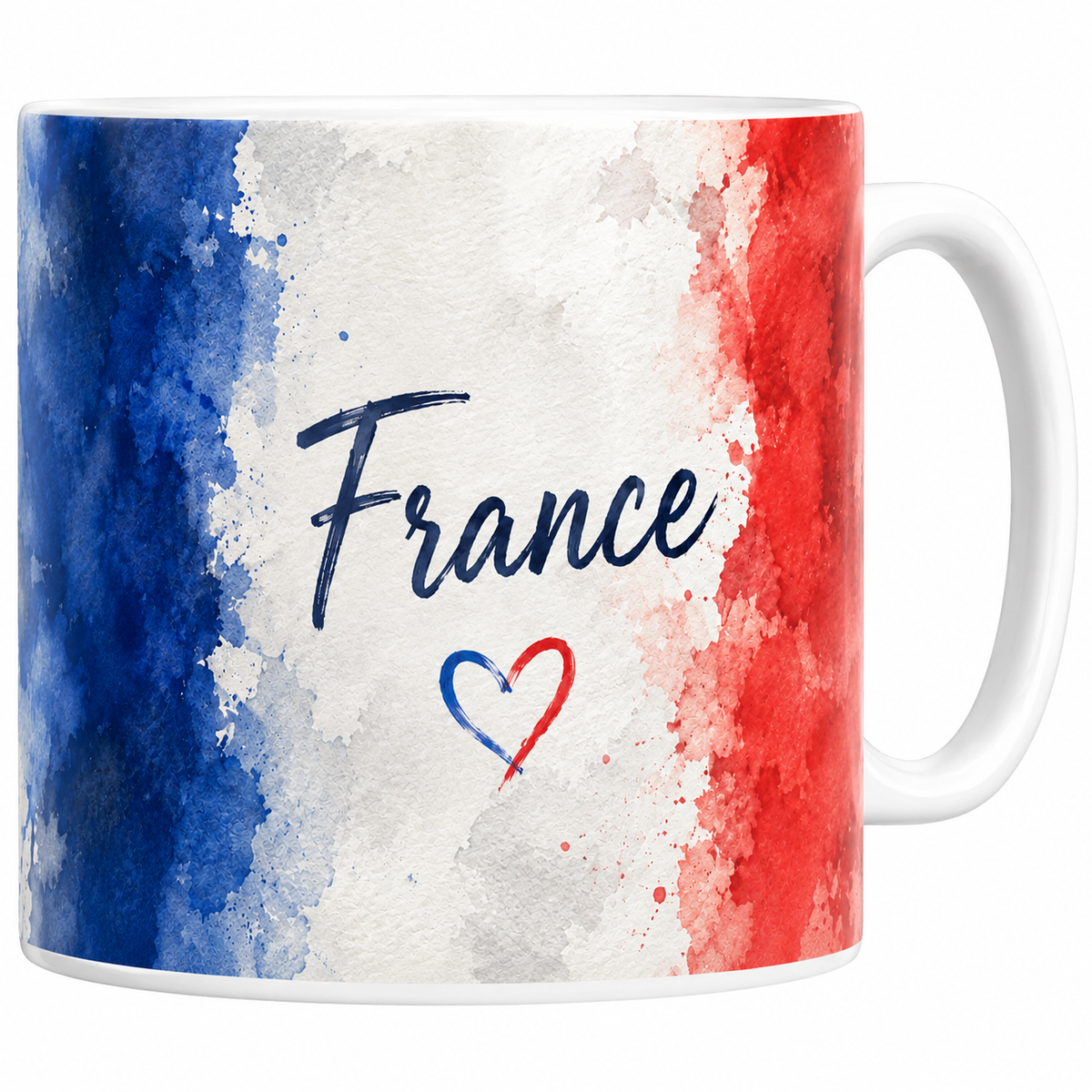 Mug céramique blanc drapeau français : aquarelle bleu blanc rouge, texte France en script et cœur tricolore