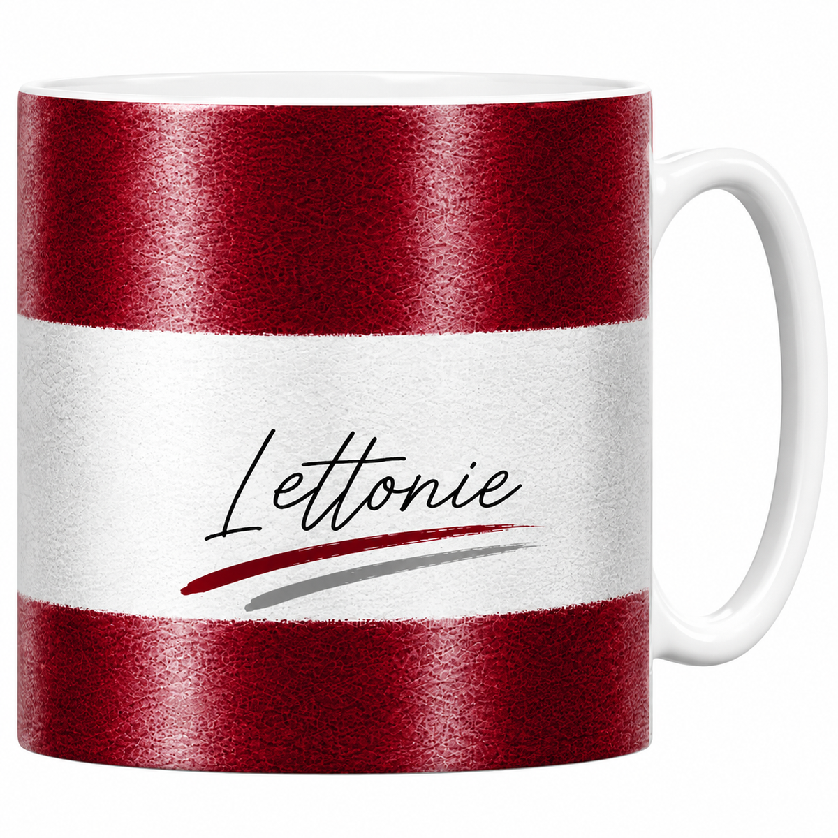 Mug céramique blanc drapeau letton en aquarelle : rouge carmin et bande blanche, signature calligraphiée