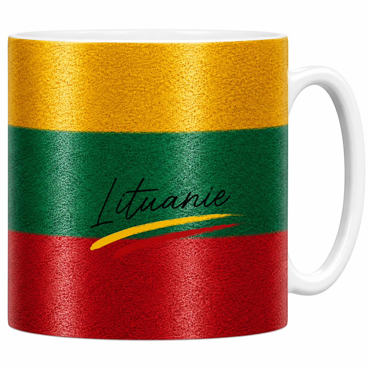 Mug céramique blanc drapeau lituanien en aquarelle : jaune vert rouge, signature calligraphiée