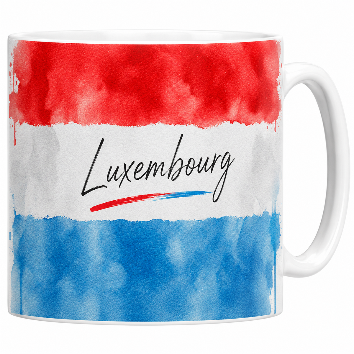 Mug céramique blanc drapeau luxembourgeois en aquarelle : rouge blanc bleu ciel, signature calligraphiée