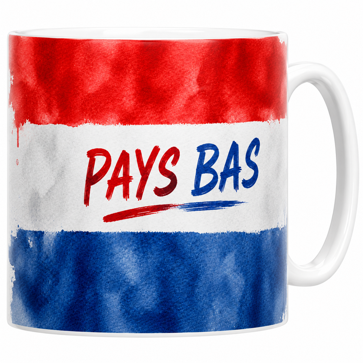 Mug céramique blanc drapeau néerlandais : aquarelle rouge blanc bleu et texte Pays Bas bicolore