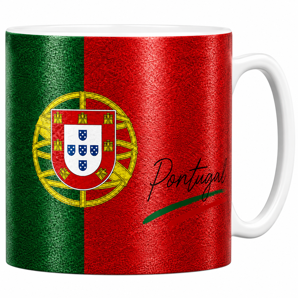 Mug céramique blanc drapeau portugais en aquarelle : vert et rouge, armoiries à la sphère armillaire