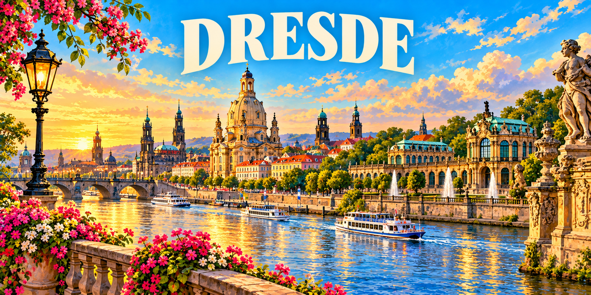 Affiche illustrée de Dresde : dôme de la Frauenkirche, Brühlsche Terrasse, Zwinger et vapeurs blancs sur l'Elbe au soleil couchant