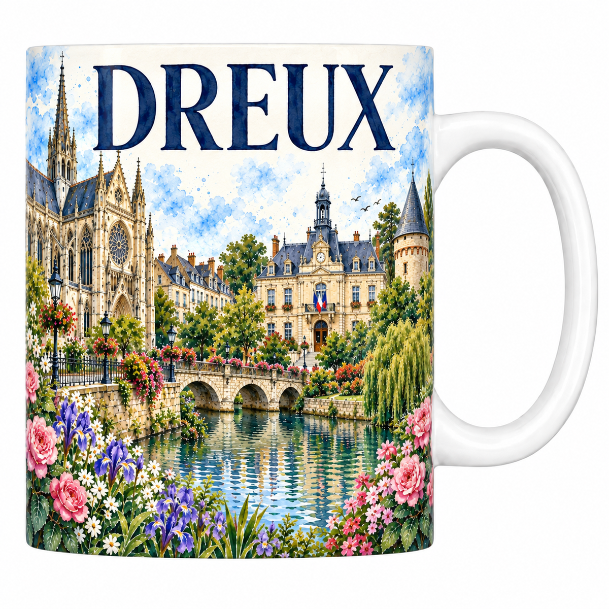 Mug céramique 330 ml Dreux : le beffroi et Saint-Pierre en aquarelle