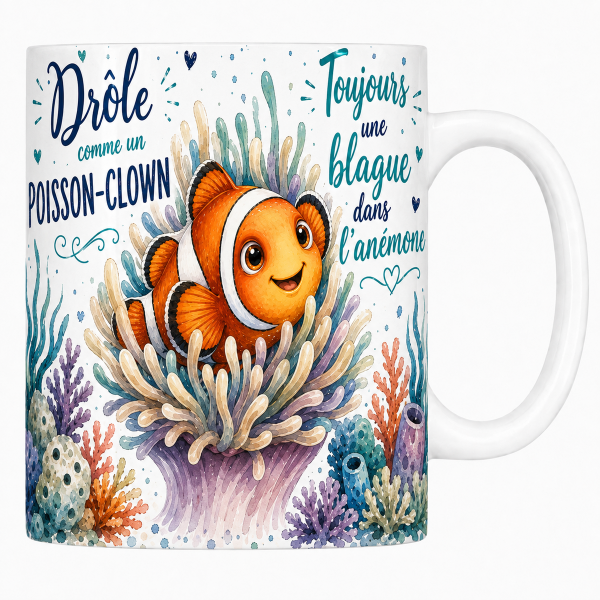 Mug céramique blanc « Drôle comme un poisson-clown », poisson-clown et anémone à l'aquarelle