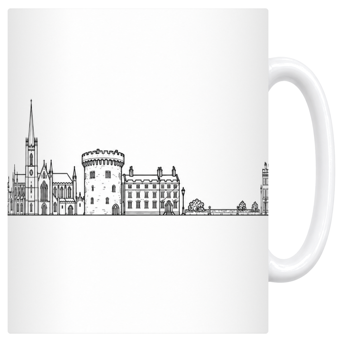 Mug blanc en céramique 330 ml illustré du skyline de Dublin au trait noir : la coupole de la Custom House, la flèche de la cathédrale, la tour ronde du château et les façades géorgiennes