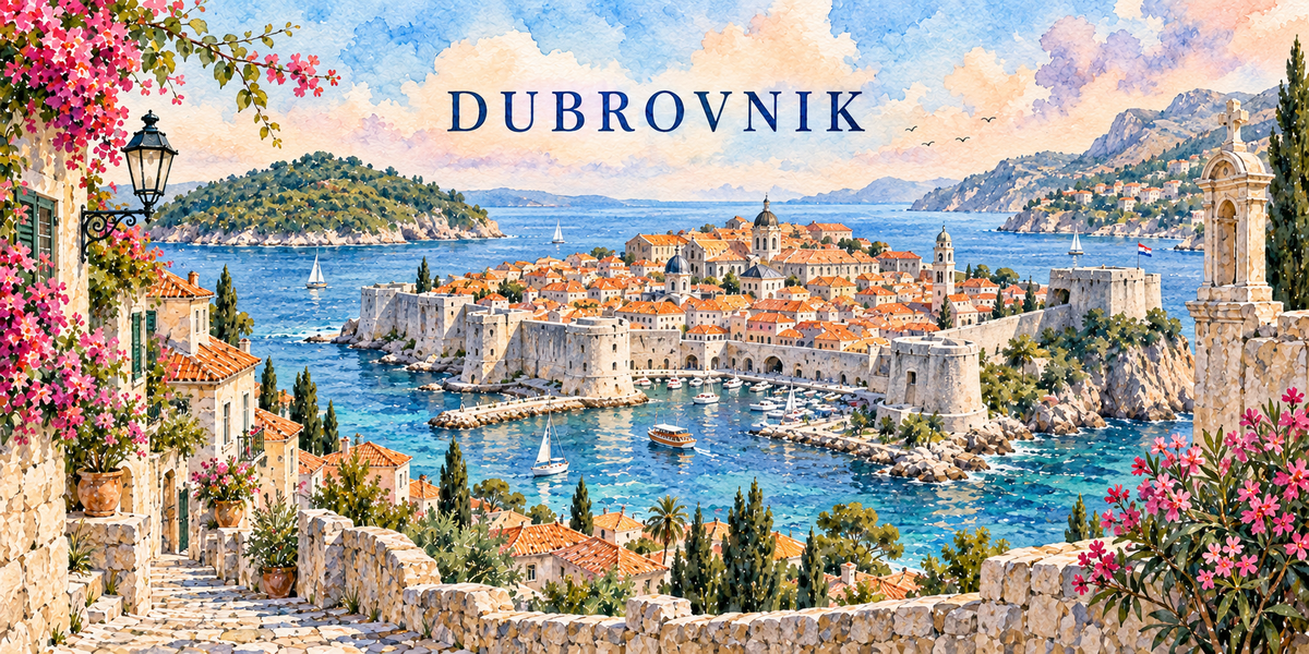 Illustration aquarelle de Dubrovnik : un escalier de pierre bordé de lauriers-roses, la vieille ville ceinte de remparts, les toits orange, le vieux port, les cyprès et l'île boisée au large