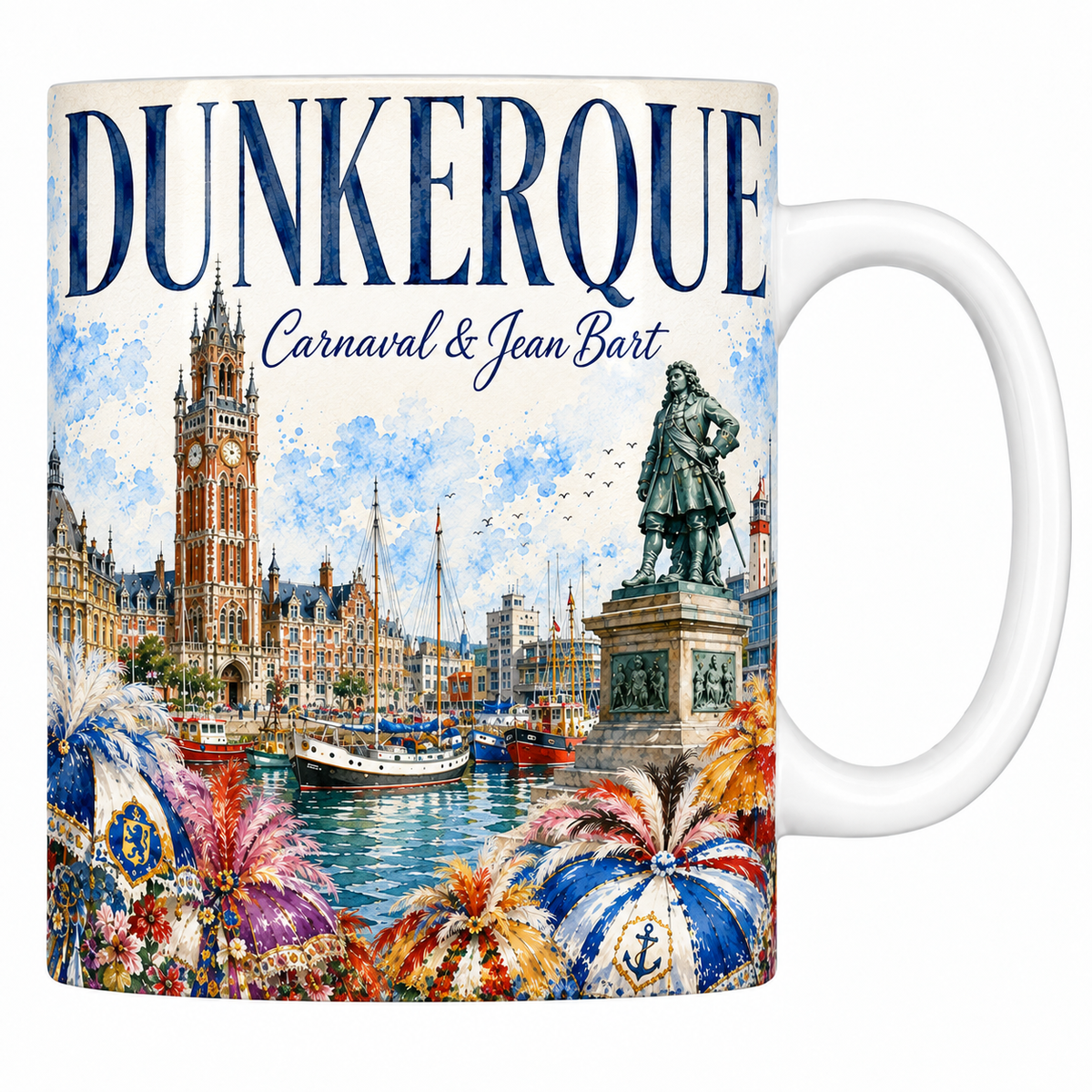 Mug céramique 330 ml « DUNKERQUE — Carnaval & Jean Bart » : beffroi et statue de Jean Bart