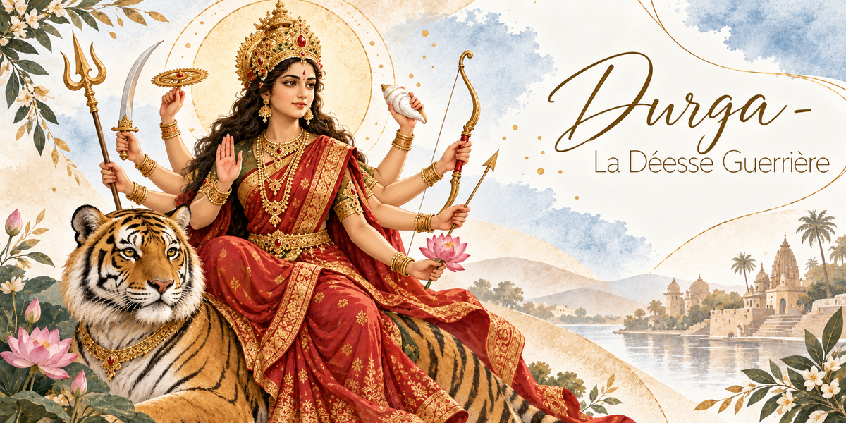 Visuel aquarellé de Durga, la déesse en sari rouge brodé d'or, couronne et parures dorées, nimbée d'une auréole, assise sur un tigre au pelage roux, ses bras multiples tenant le trident, le sabre, le disque, la conque, l'arc et la flèche et un lotus rose, la main droite levée en signe de protection, des lotus roses au premier plan, les ghats, les temples et les palmiers au bord du fleuve à l'arrière-plan, des feuillages en bordure et le titre Durga - La Déesse Guerrière en lettres dorées