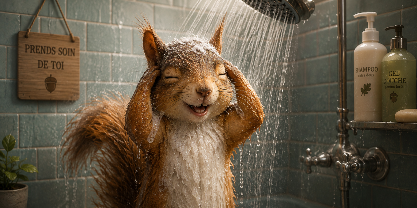 Visuel écureuil sous la douche : shampoing moussant, yeux fermés de bonheur, panneau Prends soin de toi