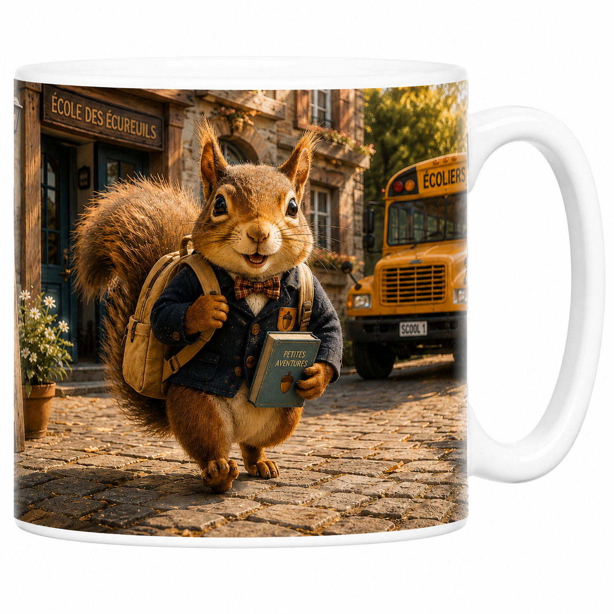 Mug écureuil écolier en céramique blanche, cartable au dos devant le bus École des Écureuils