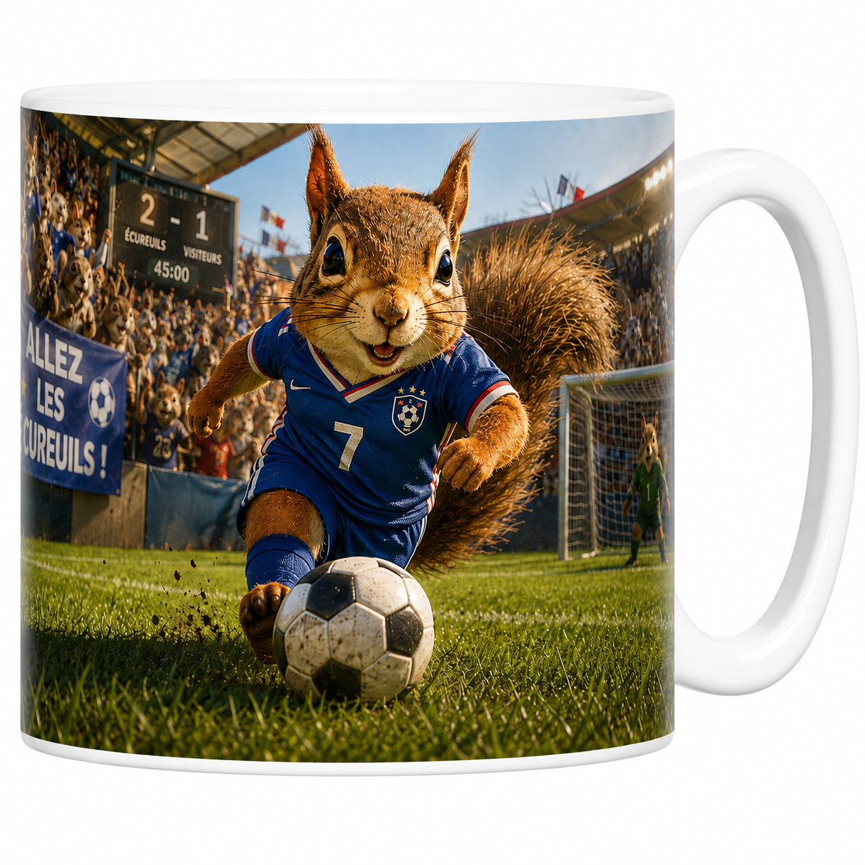 Mug écureuil footballeur en céramique blanche, maillot bleu n°7, ballon au pied devant le but