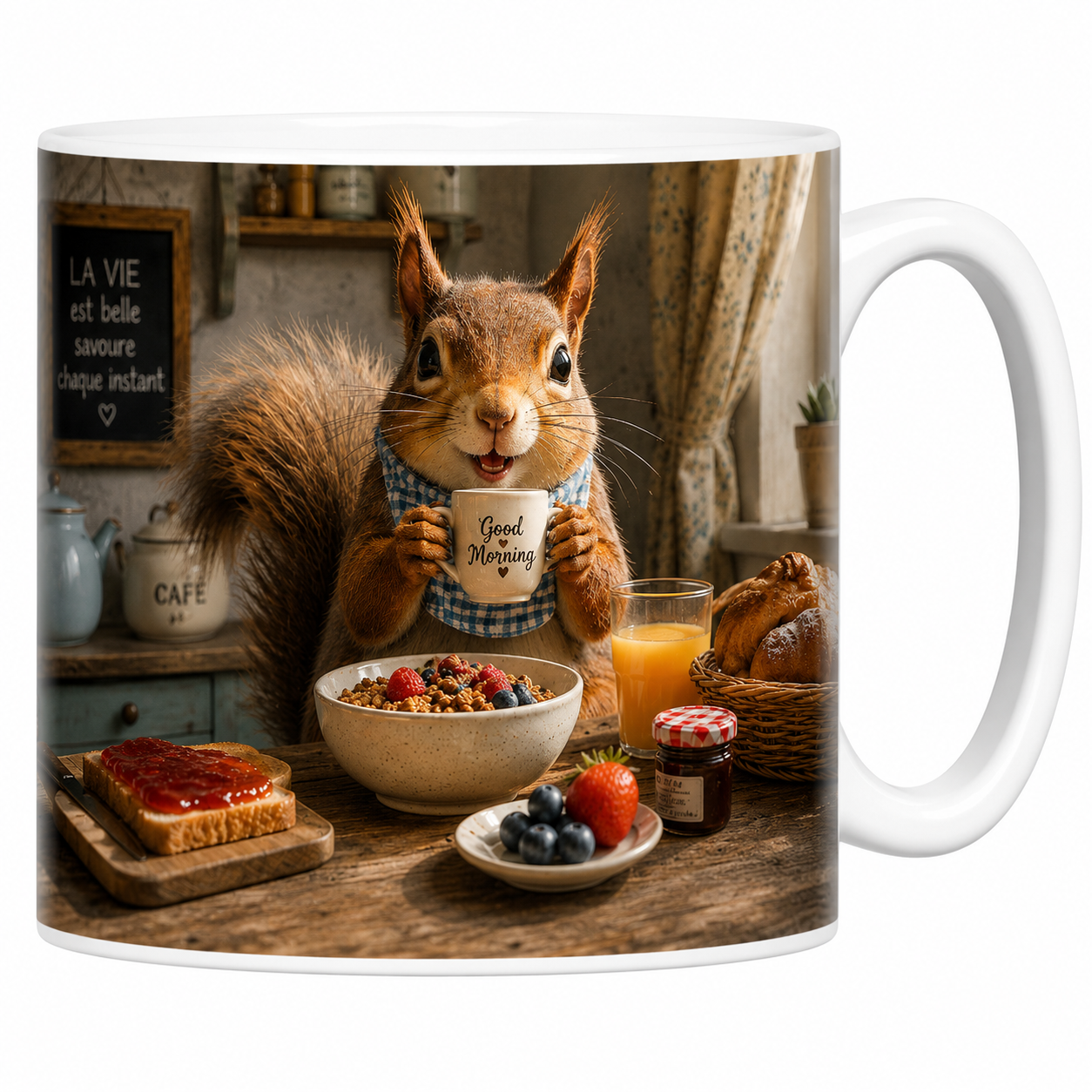 Mug écureuil Good Morning en céramique blanche, petit-déjeuner ensoleillé et mug levé