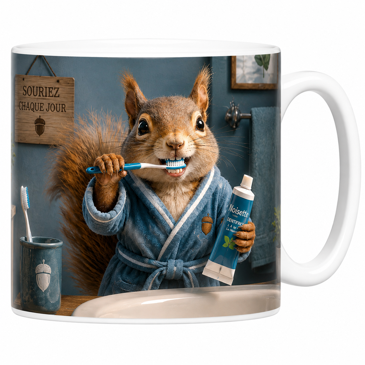 Mug écureuil brossage de dents en céramique blanche, peignoir bleu et panneau Souriez chaque jour
