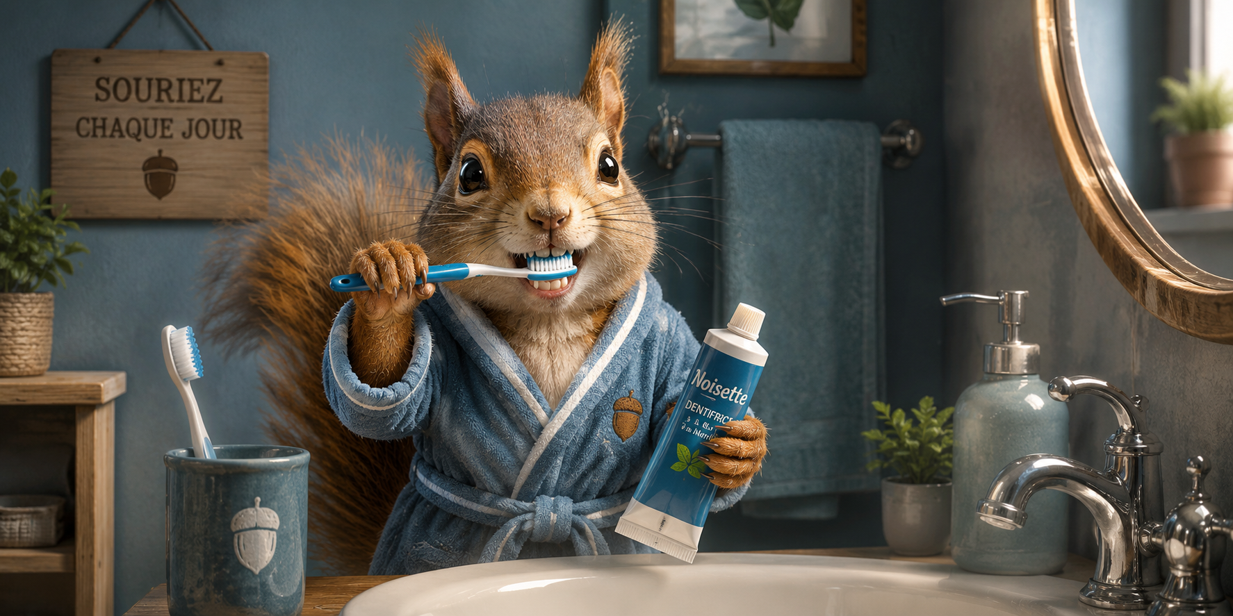 Visuel écureuil qui se brosse les dents : peignoir bleu, miroir rond, dentifrice et Souriez chaque jour