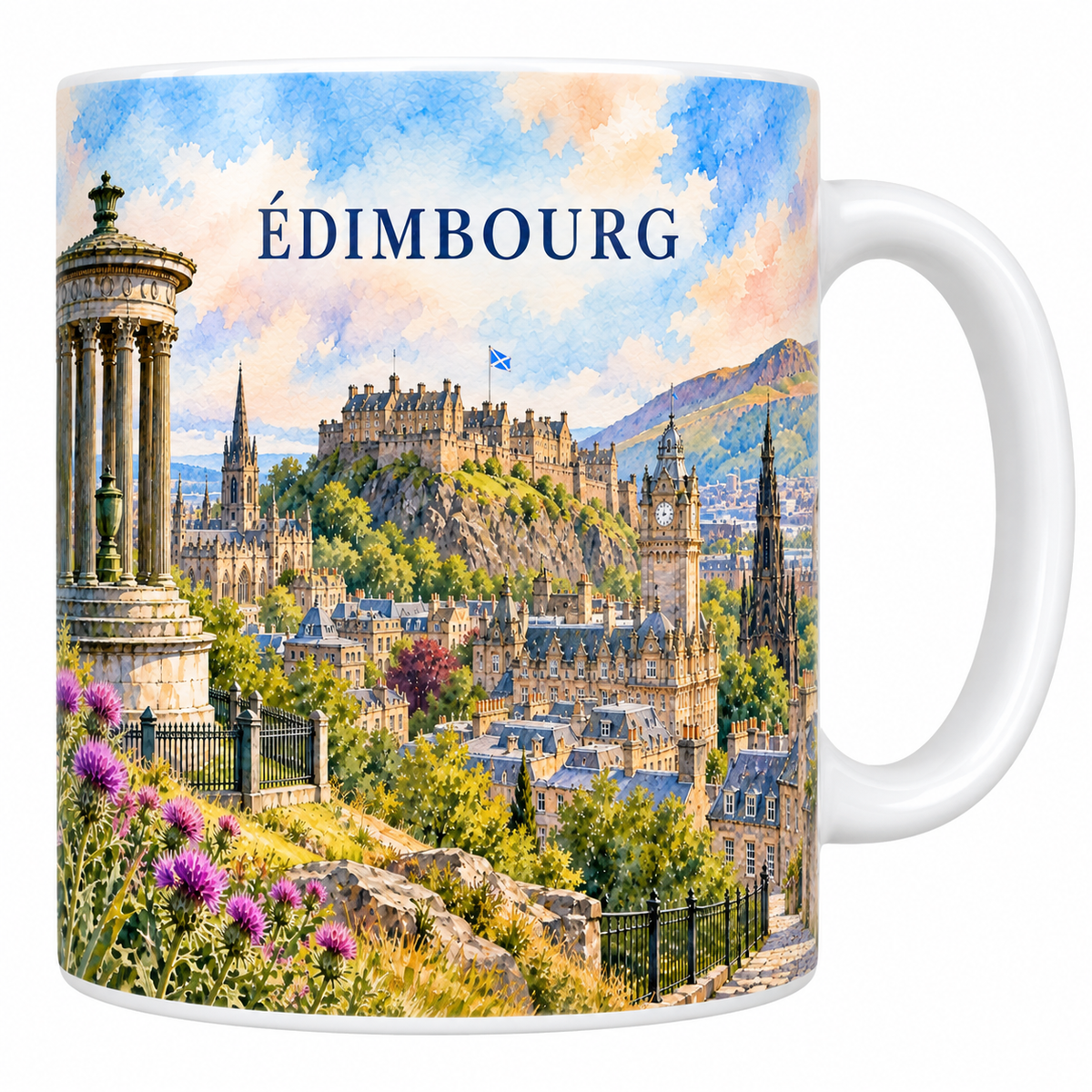Mug blanc Édimbourg aquarelle : le monument à colonnes, les chardons, le château sur son rocher et les toits de la vieille ville.