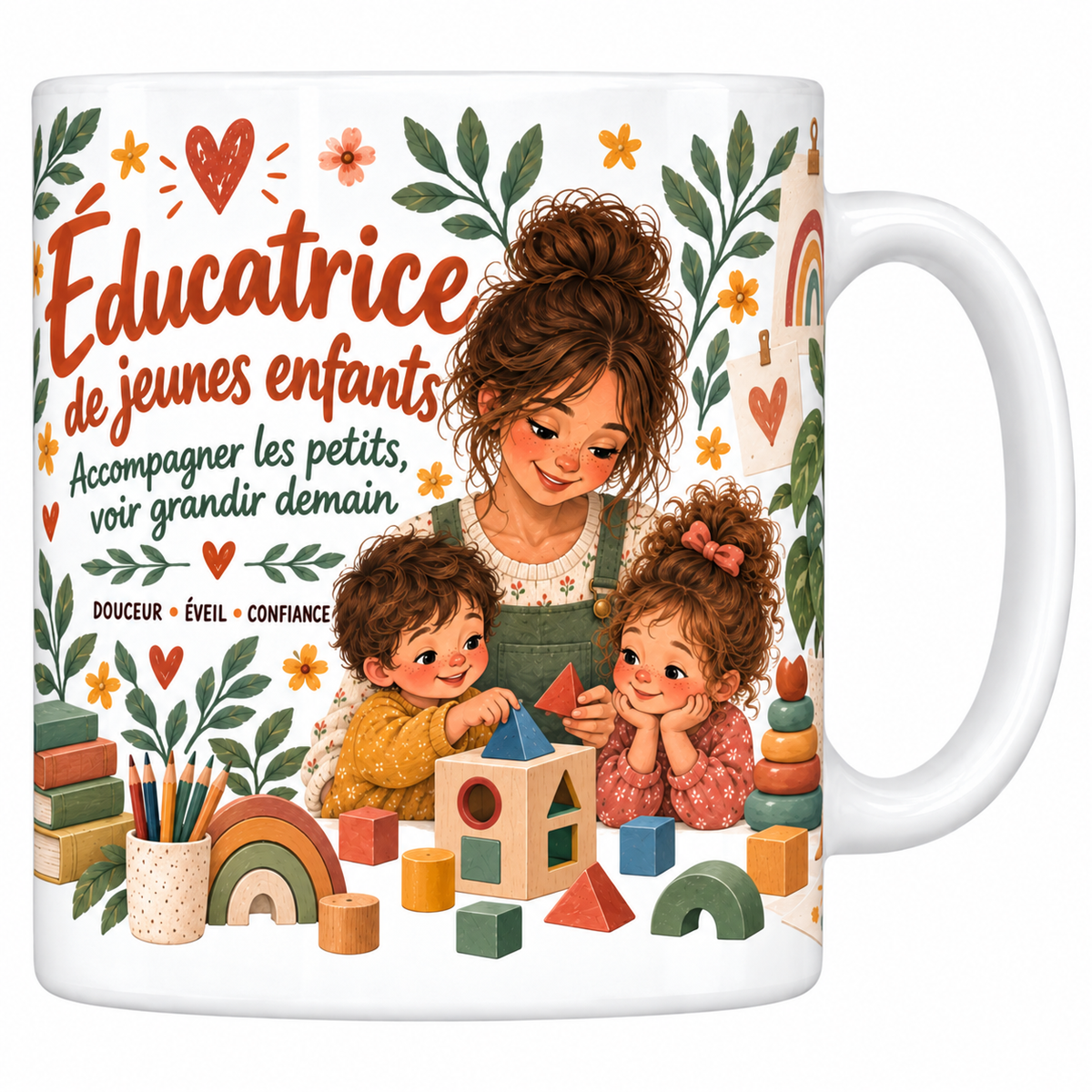 Mug céramique 330 ml « Éducatrice de jeunes enfants, accompagner les petits voir grandir demain » : illustration aux teintes ocre et vertes avec deux enfants et des cubes