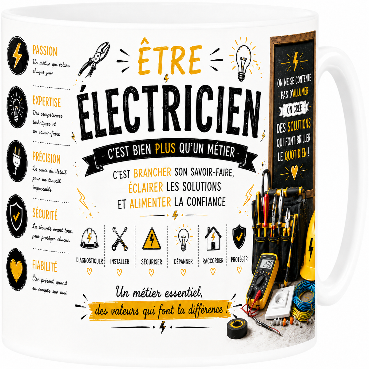 Mug électricien 330 ml, éclair jaune, multimètre, casque de chantier et pinces