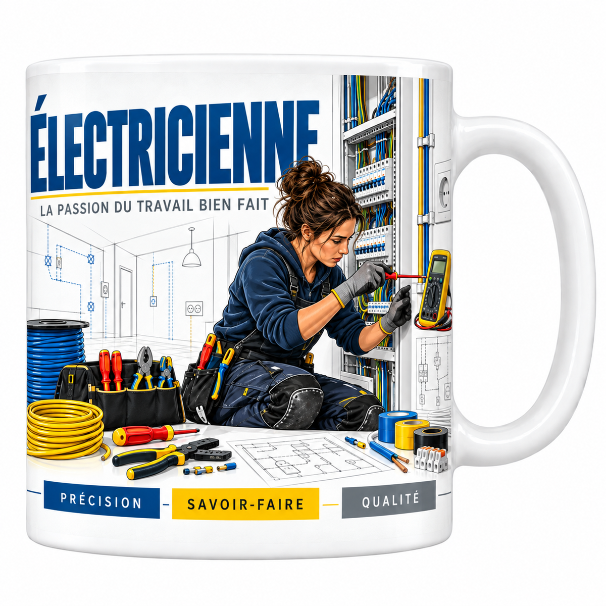 Mug électricienne en céramique blanche 330 ml, illustration d'une électricienne câblant un tableau électrique, disjoncteurs et gaines, titre ÉLECTRICIENNE bleu marine