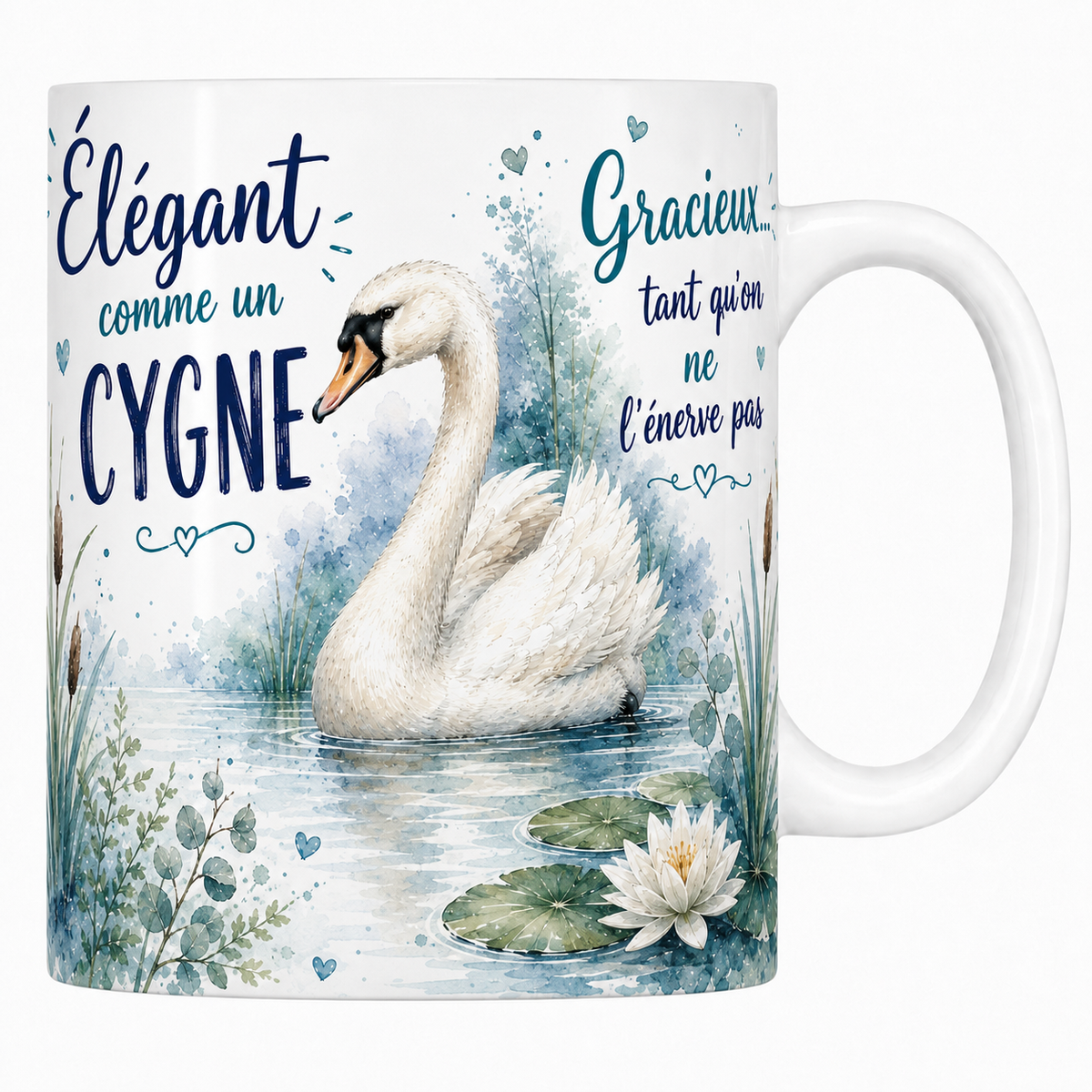 Mug céramique blanc « Élégant comme un cygne », cygne blanc et nénuphar à l'aquarelle