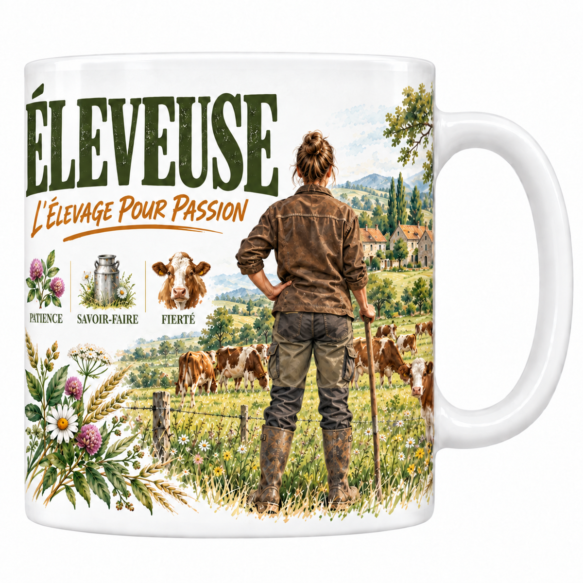 Mug éleveuse en céramique blanche 330 ml, aquarelle champêtre, le mot ÉLEVEUSE en grand et la mention manuscrite L'Élevage pour Passion, une éleveuse en veste de travail vue de dos devant son troupeau, trois valeurs patience, savoir-faire, fierté