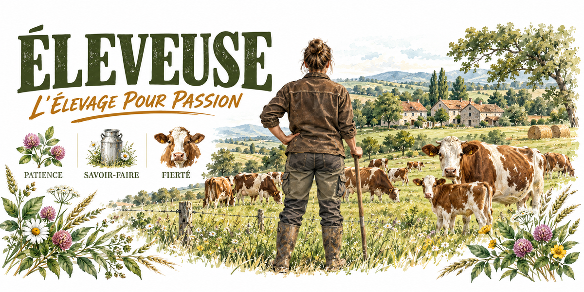 Aquarelle éleveuse : le mot ÉLEVEUSE en capitales vert foncé et la mention manuscrite L'Élevage pour Passion, une éleveuse en veste de travail marron, chignon et bottes, vue de dos, bâton à la main, troupeau de vaches rouge et blanc dans un pâturage vallonné, bottes de foin rondes et ferme au loin, trois vignettes — chardon patience, bidon de lait savoir-faire, tête de vache fierté — et une bordure de marguerites et de trèfles roses