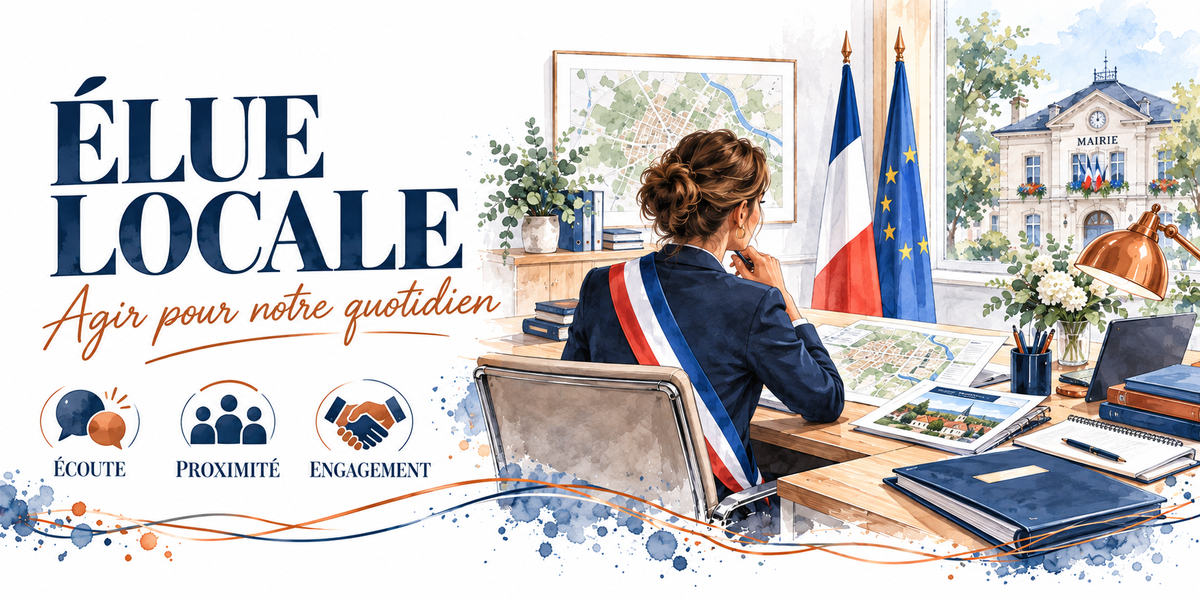 Aquarelle élue locale : les mots ÉLUE LOCALE en capitales bleu marine et la mention manuscrite orange Agir pour Notre Quotidien, une élue en veste bleu marine portant l'écharpe tricolore, chignon, assise de trois quarts dos, la main au menton devant des plans et des documents, drapeaux français et européen, bouquet blanc, fenêtre sur une mairie pavoisée, lampe cuivrée et cadres au mur, trois pastilles — écoute, proximité, engagement