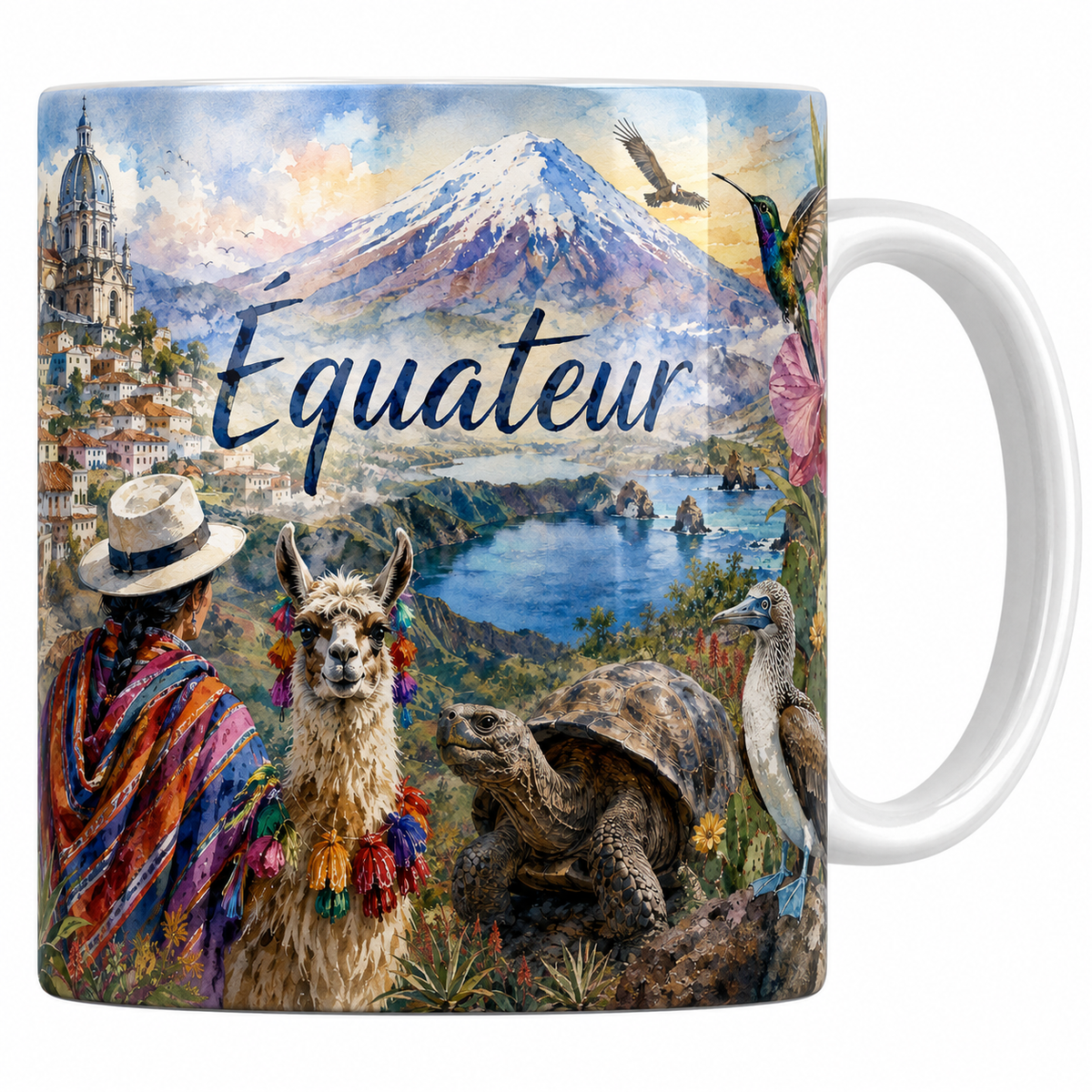 Mug céramique 330 ml Équateur aquarelle : tortues des Galápagos, volcan enneigé et Quito