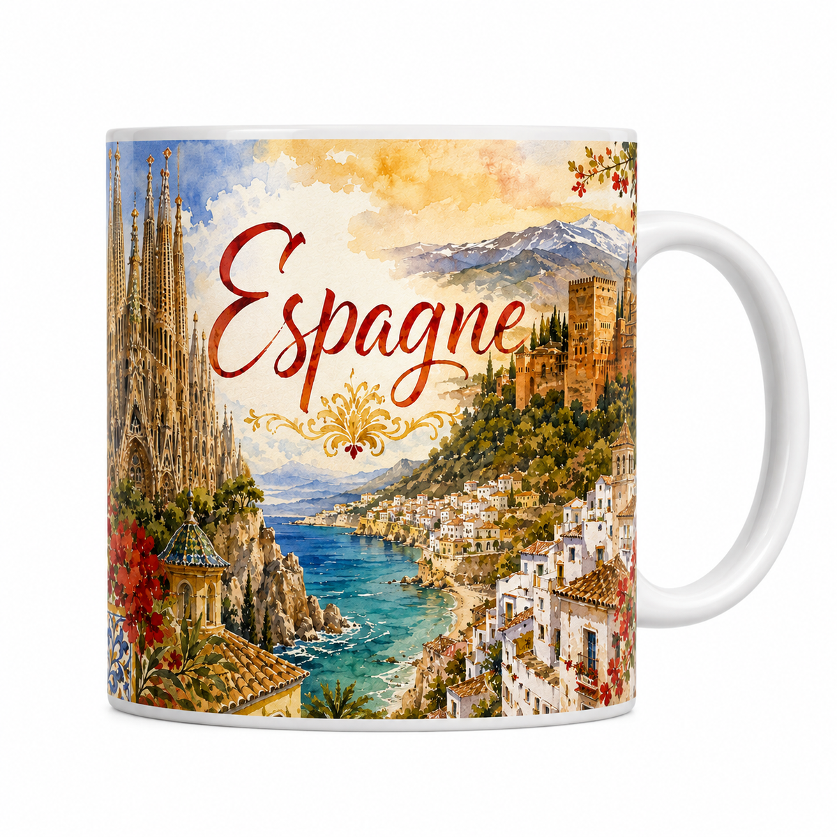 Mug céramique 330 ml Espagne aquarelle : Sagrada Família, Alhambra et village blanc andalou