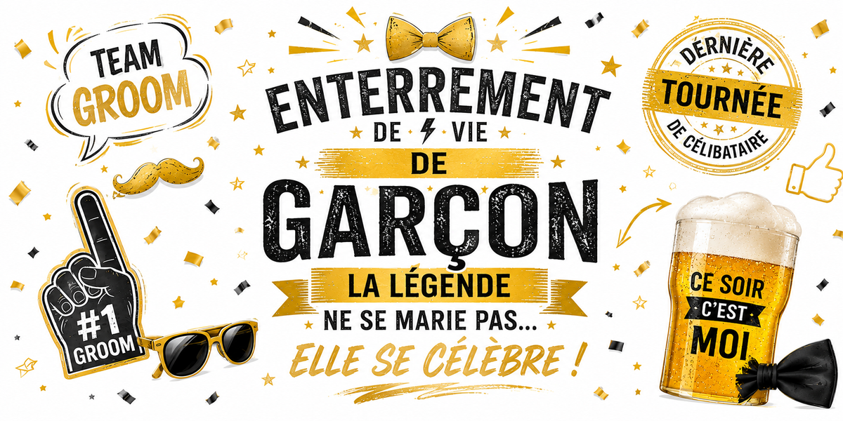 Design du mug EVG : main #1 Groom, bière, « Dernière tournée de célibataire » et badge « Ce soir c'est moi »