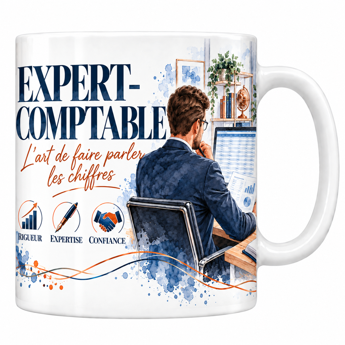 Mug expert-comptable en céramique blanche 330 ml, aquarelle bleu marine et cuivre, les mots EXPERT-COMPTABLE en grand et la mention manuscrite L'Art de Faire Parler les Chiffres, un expert-comptable assis de dos à son bureau, trois valeurs rigueur, expertise, confiance