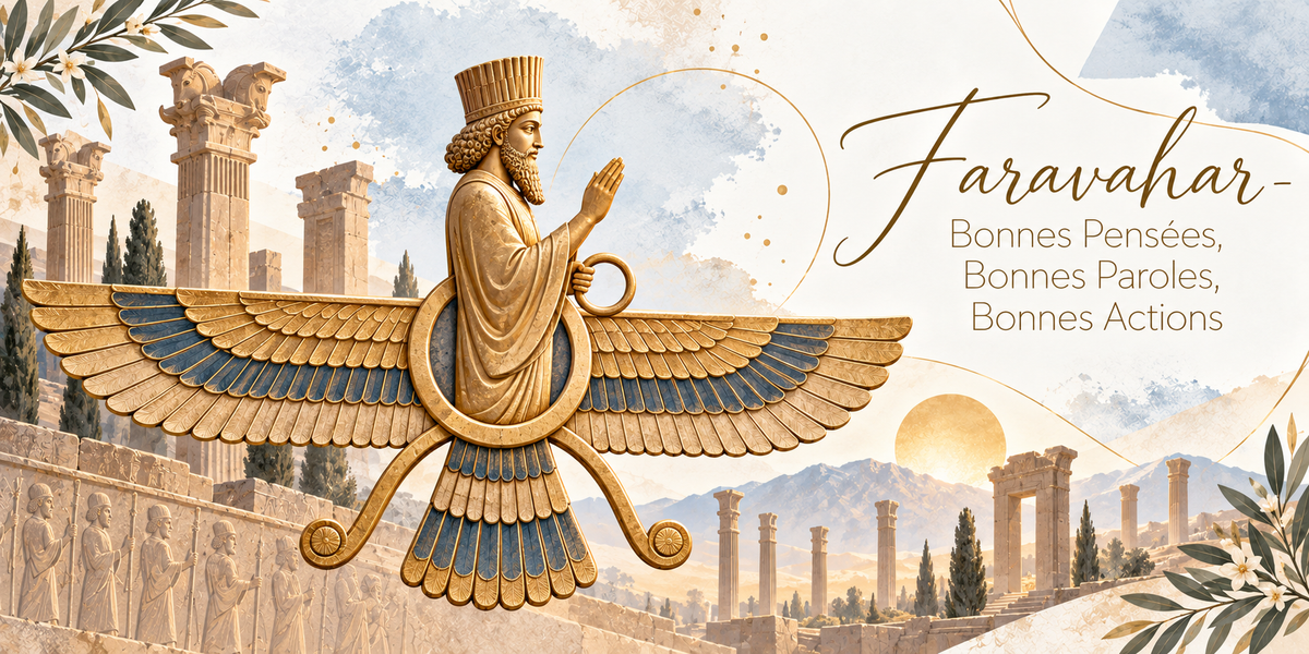 Visuel aquarellé du Faravahar, le grand symbole ailé doré et bleu, une figure d'homme barbu en robe coiffé d'une haute tiare cannelée, la main droite levée paume ouverte et la gauche tenant un anneau, émergeant du disque central, deux ailes déployées à trois rangées de plumes, la queue de plumes et deux rubans enroulés en volute sous le disque, les colonnes et les bas-reliefs de Persépolis, les montagnes dans la lumière du couchant, des feuillages en bordure et le titre Faravahar en lettres dorées