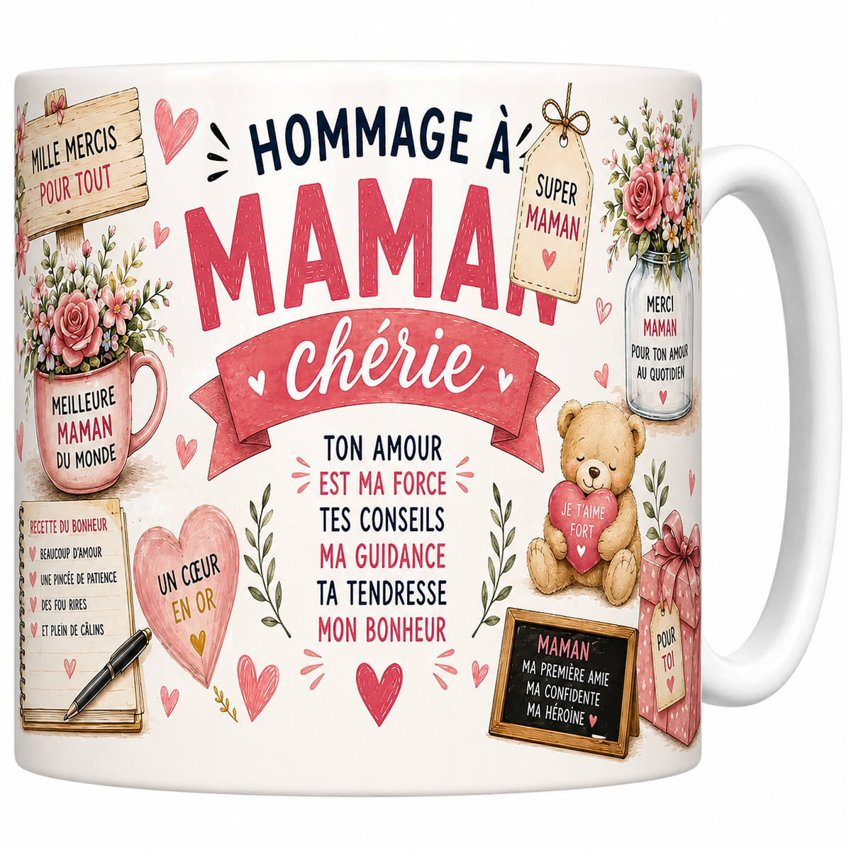 Mug céramique blanc Hommage à Maman Chérie : « Ton amour est ma force, tes conseils ma guidance »