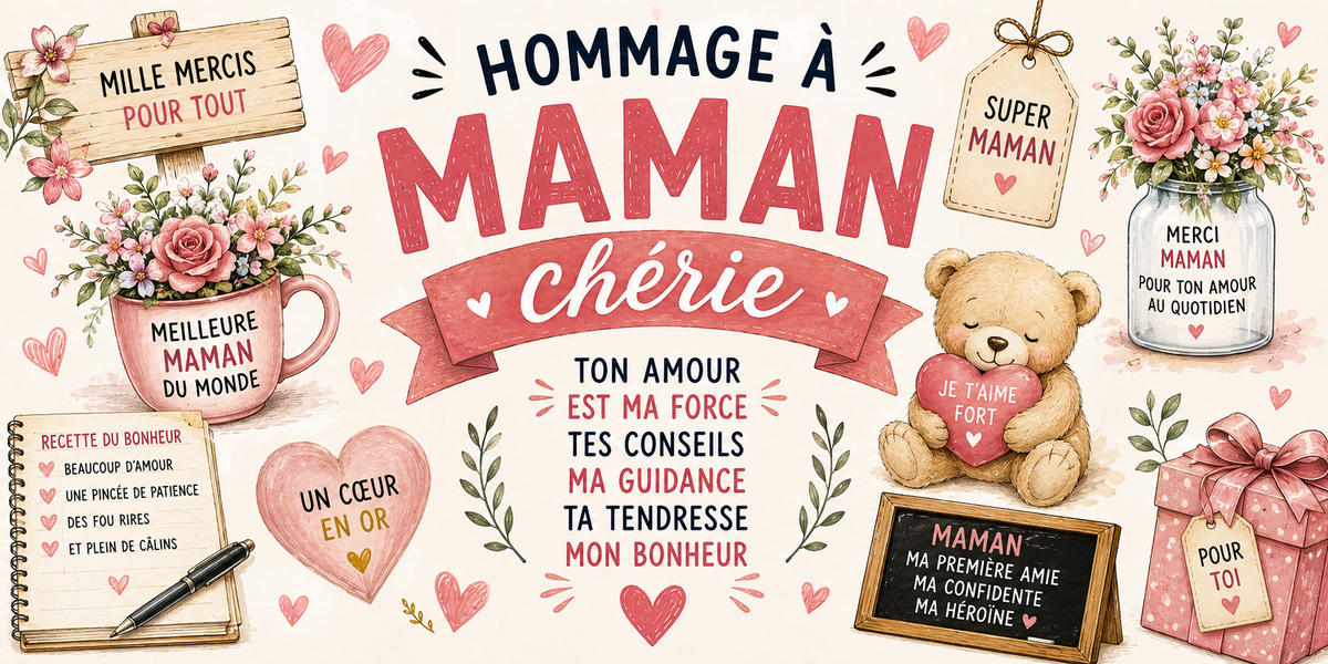 Design du mug Maman Chérie : « Meilleure maman du monde », ourson Je t'aime fort et « Mille mercis pour tout »