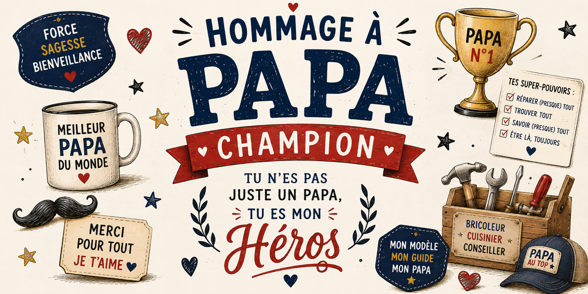 Design du mug Papa Champion : trophée Papa N°1, super-pouvoirs, caisse à outils et « Merci pour tout, je t'aime »