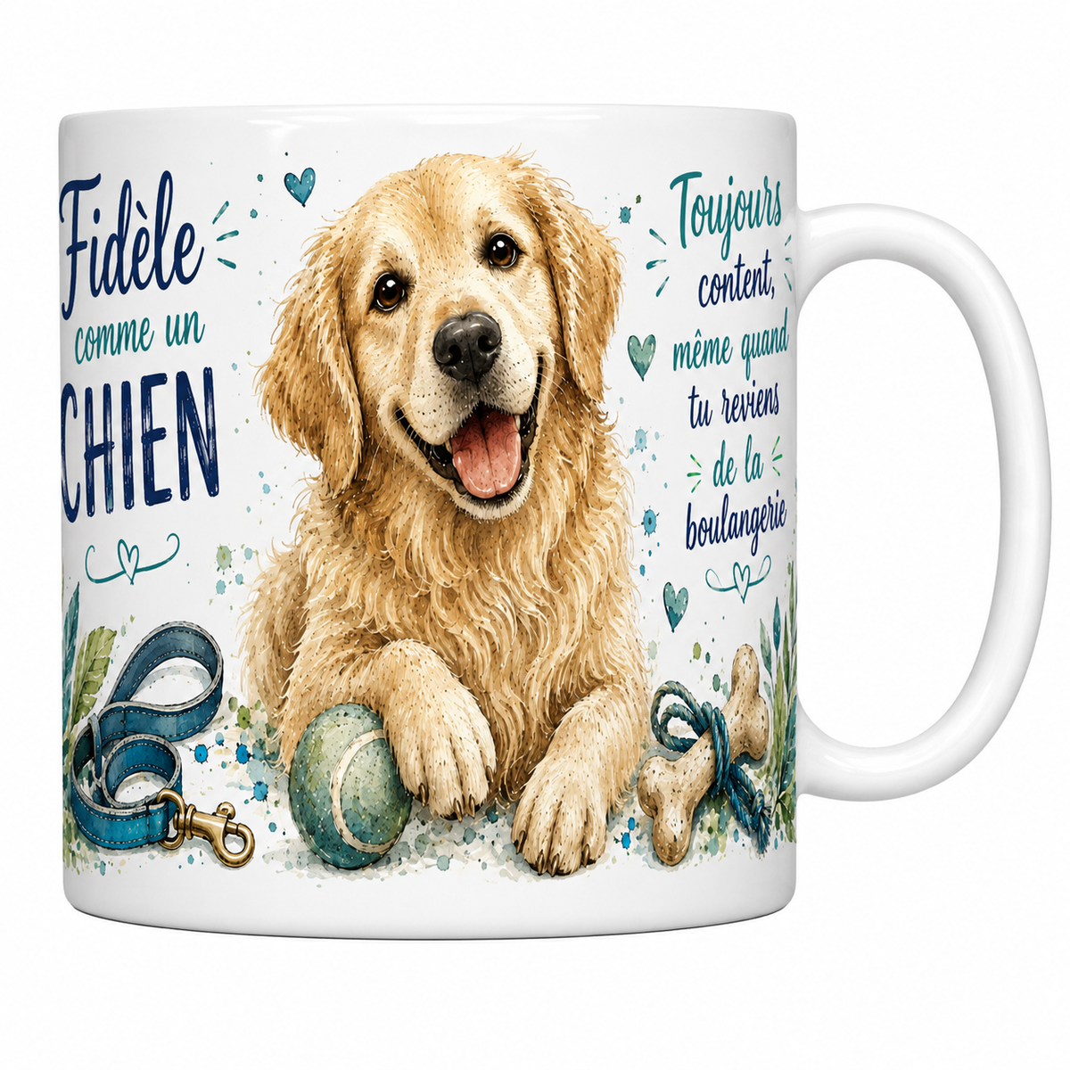 Mug céramique 330 ml « Fidèle comme un chien » : golden retriever, laisse et balle