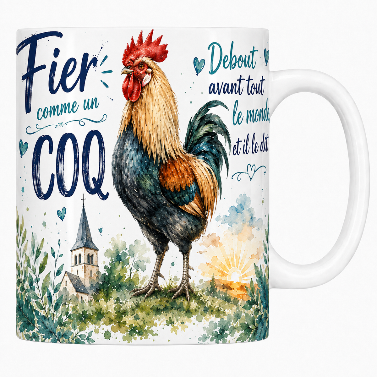 Mug céramique blanc « Fier comme un coq », coq à la queue irisée et clocher à l'aquarelle