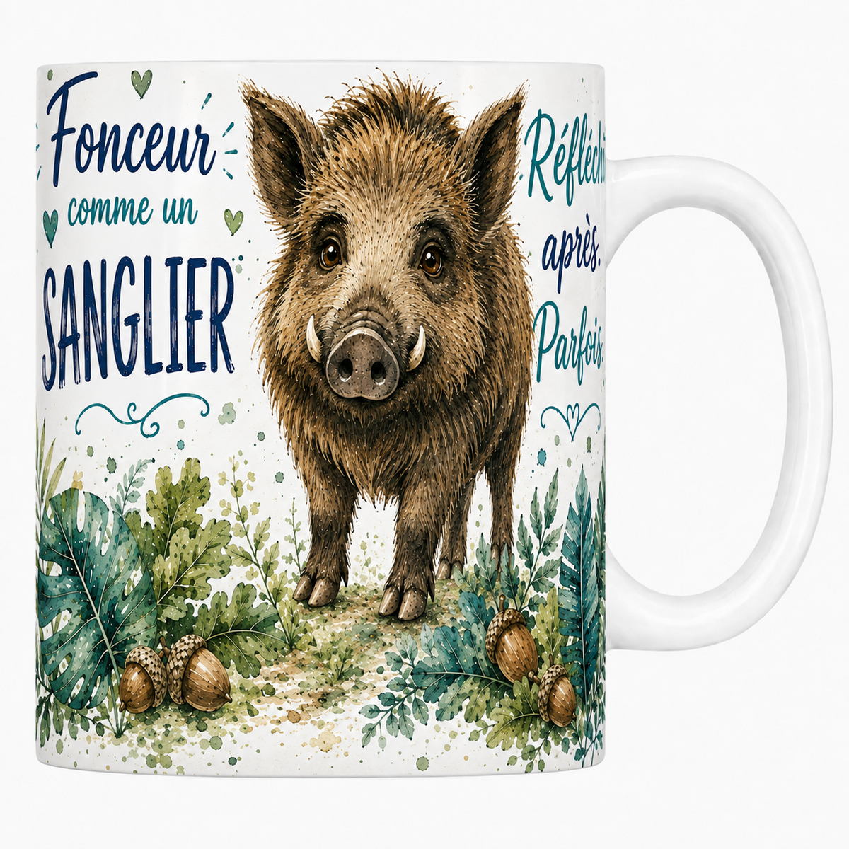 Mug céramique blanc « Fonceur comme un sanglier », sanglier de face et glands à l'aquarelle