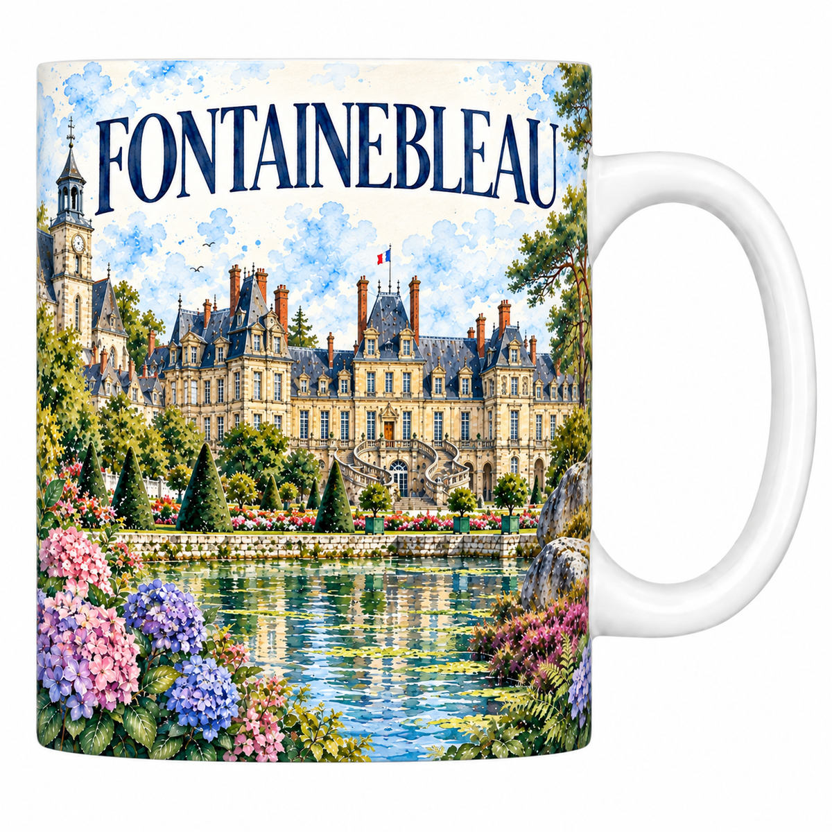 Mug céramique 330 ml Fontainebleau : le château et l'étang en aquarelle