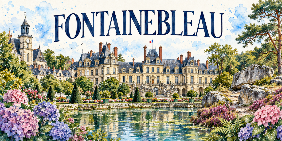 Fontainebleau en aquarelle : longue façade du château, étang aux Carpes, rochers de grès et pins de la forêt