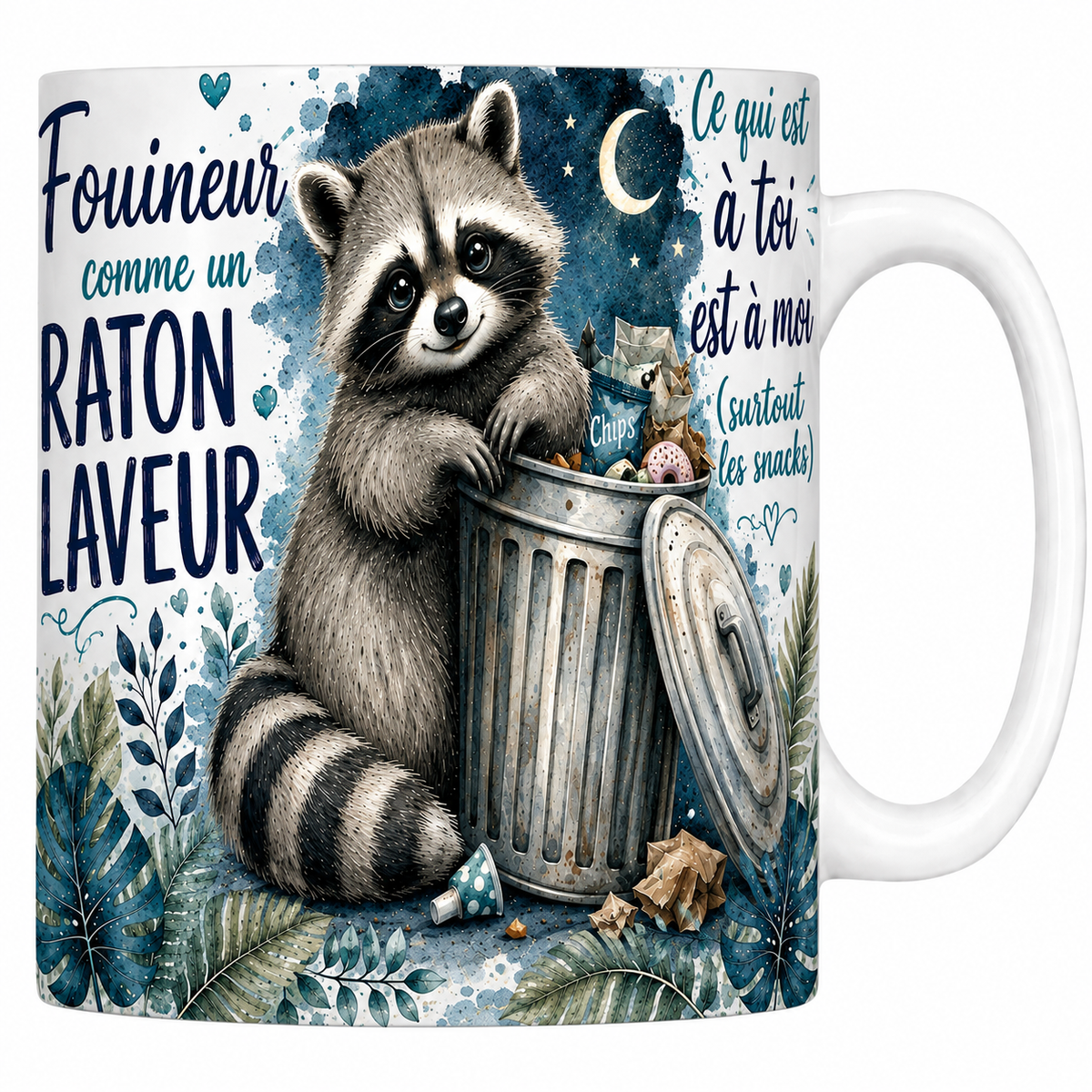 Mug céramique blanc « Fouineur comme un raton laveur », raton laveur et poubelle à l'aquarelle