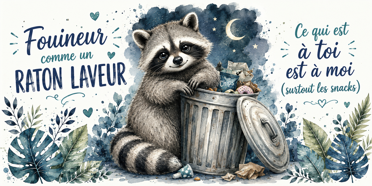 Raton laveur à la poubelle renversée à l'aquarelle : « Fouineur. Ce qui est à toi est à moi »