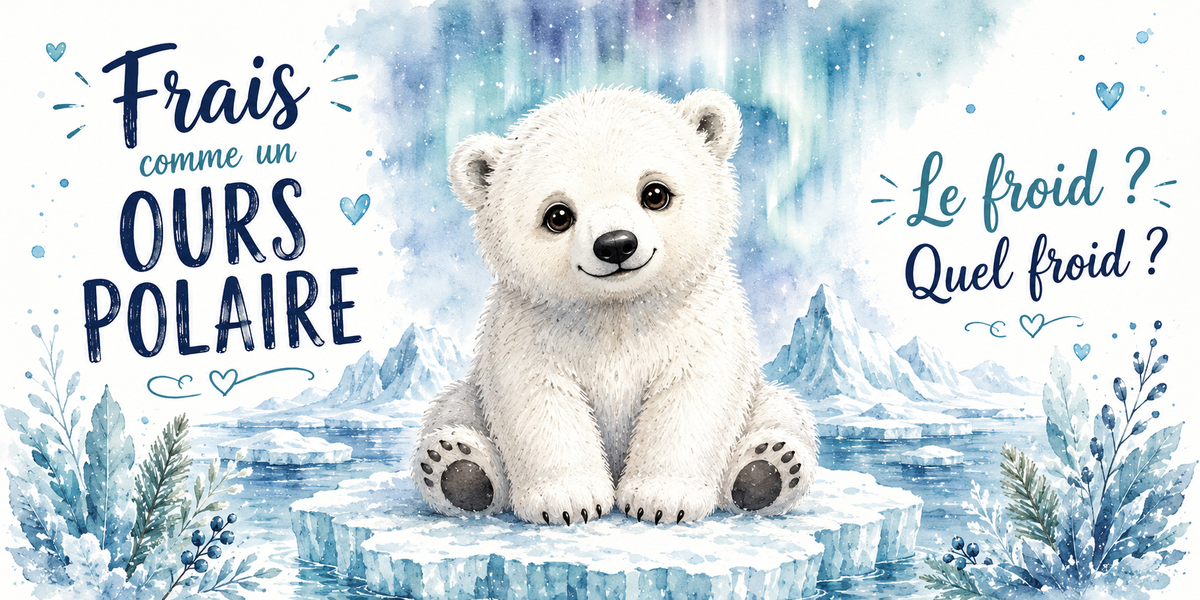 Ourson polaire sur sa banquise à l'aquarelle : « Frais comme un ours polaire. Le froid ? Quel froid ? »